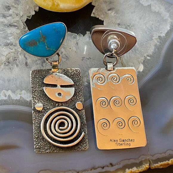 Alex Sanchez Native American Sterling Turquoise Petroglyph Dangle Earrings #2 - Picture 7 of 10